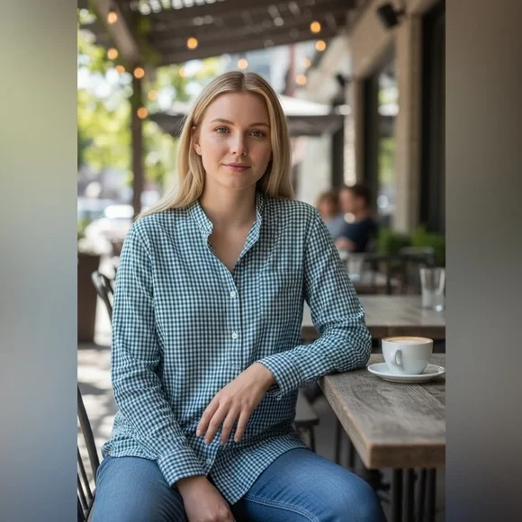 Free People long button down shirt dress blue gingham style size Large - Picture 4 of 15